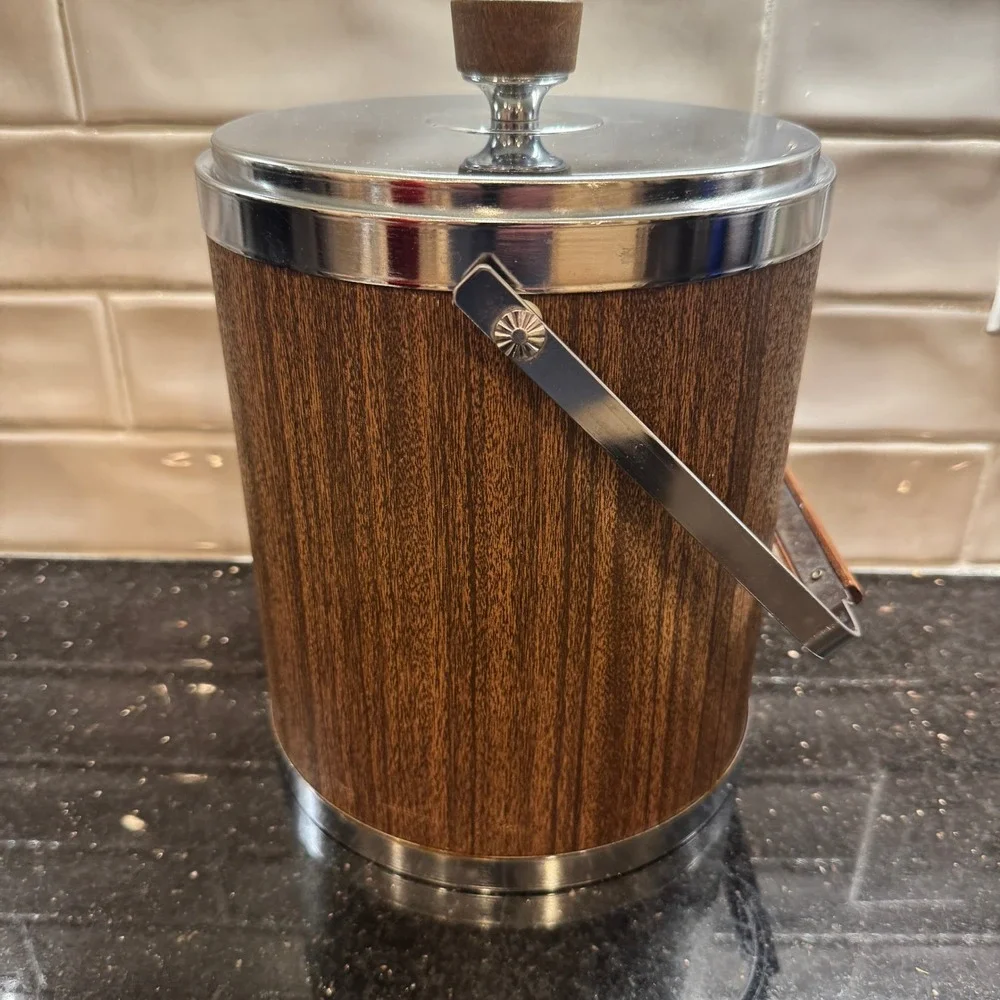 Vintage Kromex Ice Bucket Faux Wood Grain Chrome Mid‎ Century Modern Made in USA
